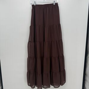 Musera Brown Long Tiered Elastic Maxi Skirt Size Medium Boho Classic